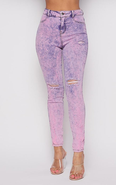 Acid Wash Slightly Ripped Stretchy Skinny Jeans - Lavender - SohoGirl.com